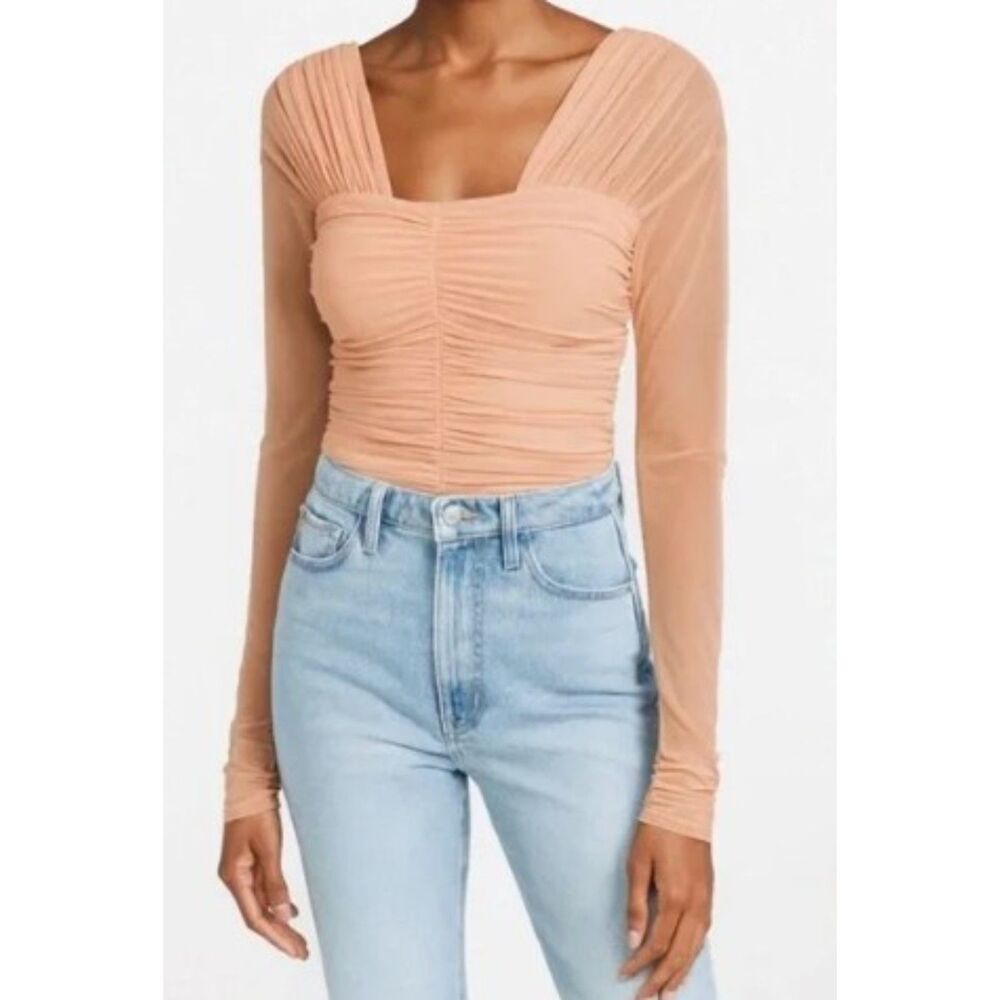 A.L.C. Jackie Tulle Mesh Ruched Long Sleeve Top in Coral Pink Nude size Large